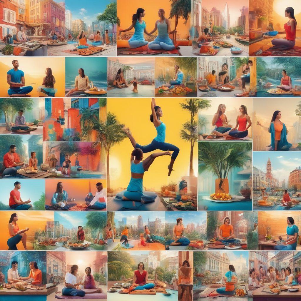 A collage of various lifestyle scenes depicting diverse individuals engaging in different activities like yoga, cooking, and city exploration. In the background, elements representing trending topics, such as tech gadgets, fashion, and social media icons, seamlessly blend into the lifestyle imagery. Bright, inviting colors and a dynamic composition that conveys both relaxation and excitement. super-realistic. vibrant colors. engaging design.