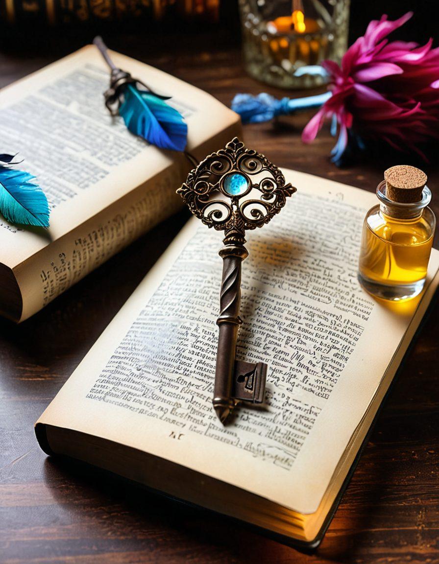 A luminous key unlocking an ornate, vintage book with pages fluttering, surrounded by vibrant quills and ink bottles, symbolizing creativity and expression. In the background, a soft, hazy light suggests inspiration. The overall atmosphere is magical and inviting, encouraging aspiring writers to explore their voice. super-realistic. vibrant colors. white background.
