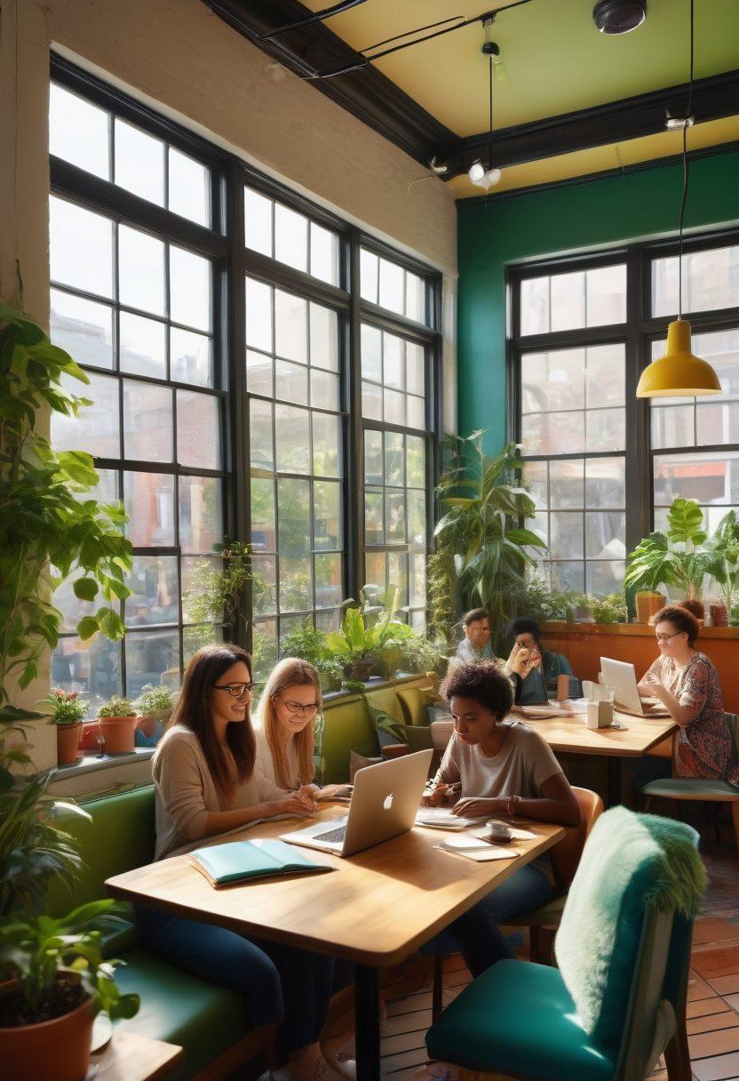 A lively scene depicting bloggers of diverse backgrounds exchanging ideas in a cozy coffee shop, surrounded by laptops, notebooks, and vibrant plants, with light streaming through the windows. The atmosphere is warm and inviting, capturing the essence of community and inspiration. super-realistic. vibrant colors. cozy ambiance.